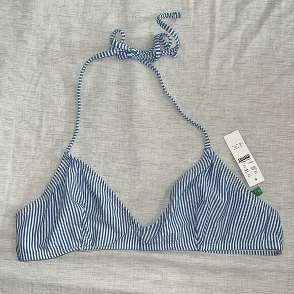 J. Crew French halter-neck bikini top in seersucker white blue nautical size XL - Picture 1 of 6